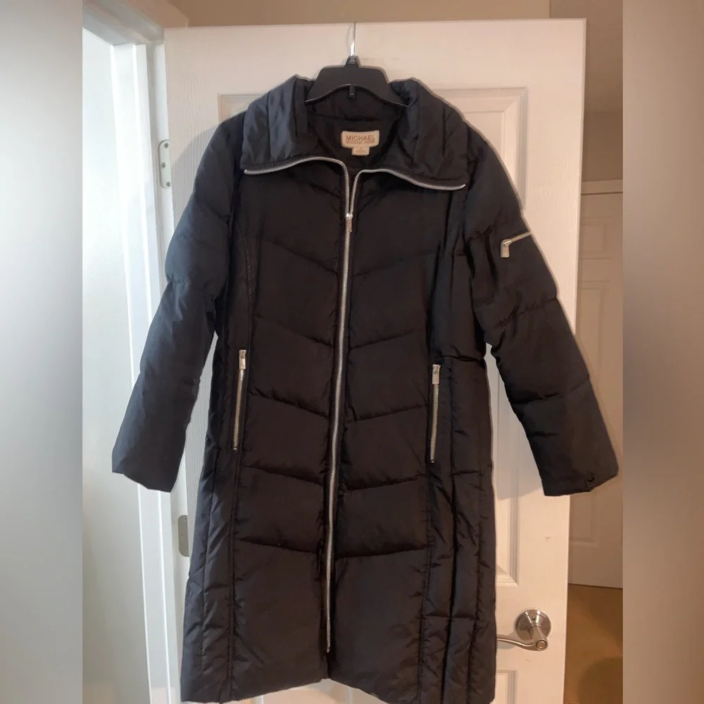 Michael Kors Black Long Quilted Puffer Coat with High Collar